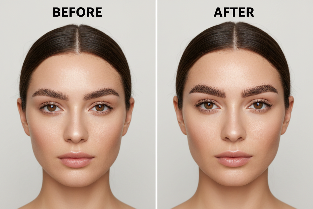 Sur une femme avec écris before and after un visage net de face avec sourcils avant mal brossé et après bien plaqué et brossé